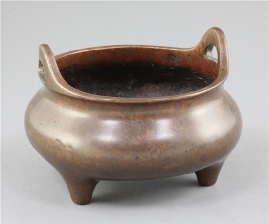 A Chinese copper bronze tripod censer, ding, 17th / 18th century, diameter 16.5cm